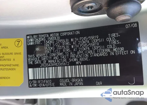 2008 Toyota Highlander Sport z USA, uszkodzony, nr VIN JTEDS43A982065612